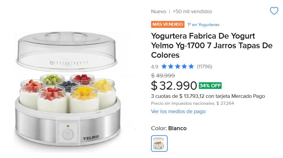 Yogurtera Fabrica De Yogurt Yelmo Yg-1700 7 Jarros Tapas De Colores