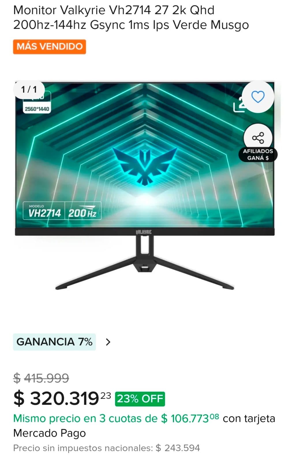 Monitor Valkyrie Vh2714 27 2k Qhd 200hz-144hz Gsync 1ms